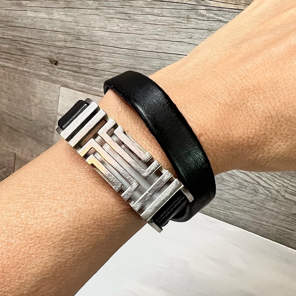 Tory Burch Silver Bracelet w/Black Leather Strap (+holds Fitbit Tracker)
